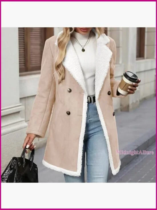 Women's Winter Sherpa Fleece Lined Faux Suede Peacoat Double Breasted Jacket - Picture 3 of 3